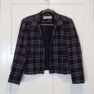Amanda Smith Pure Wool Vintage Plaid Full Zip Up Cropped Blazer Jacket Size 12